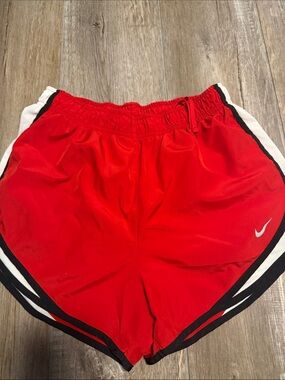 Nike Dri Fit Red Athletic Shorts with White Swoosh and Black Trim